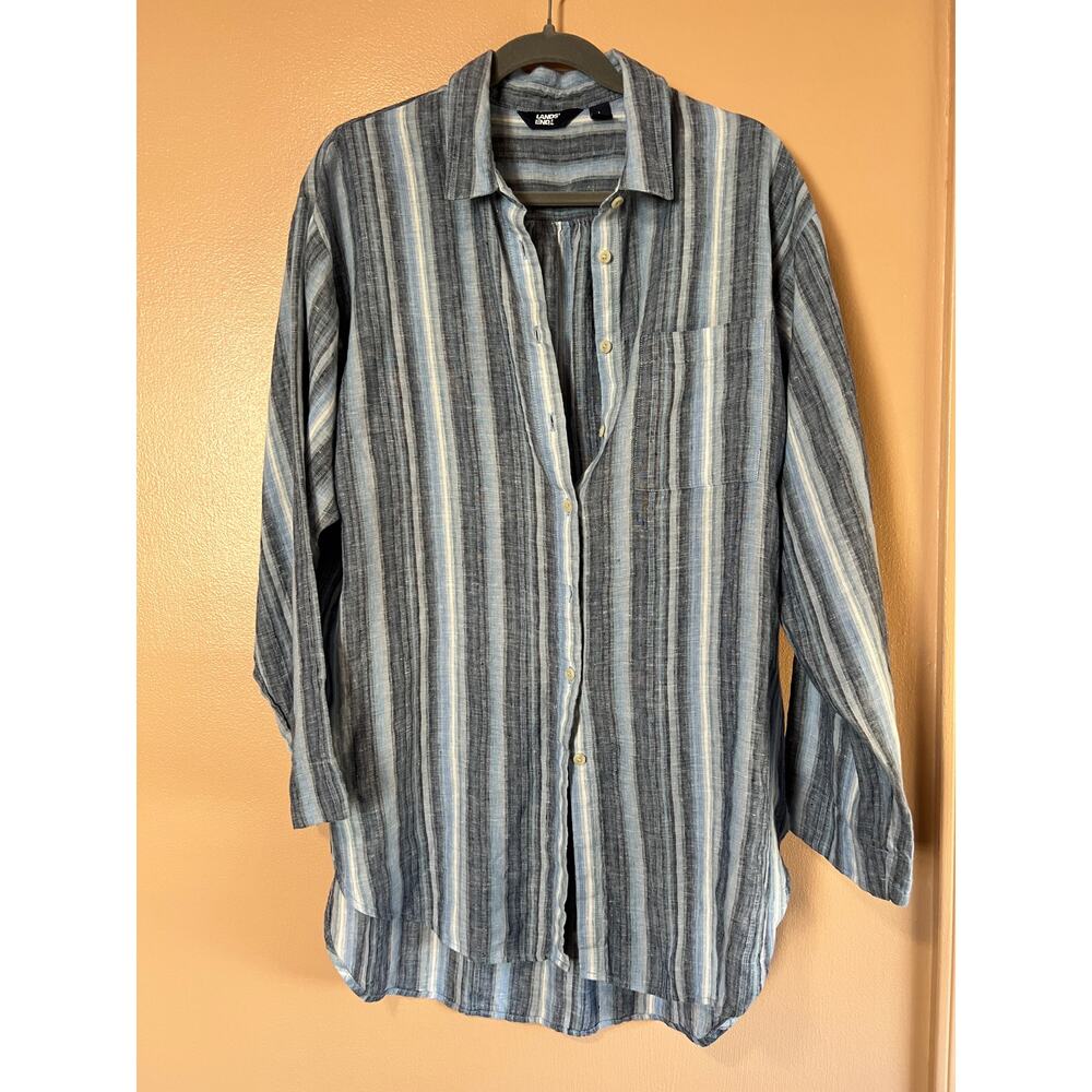 Lands End 100% Linen Blue Stripe Oversized Beach Shirt Button Down Hi-Lo Tunic L